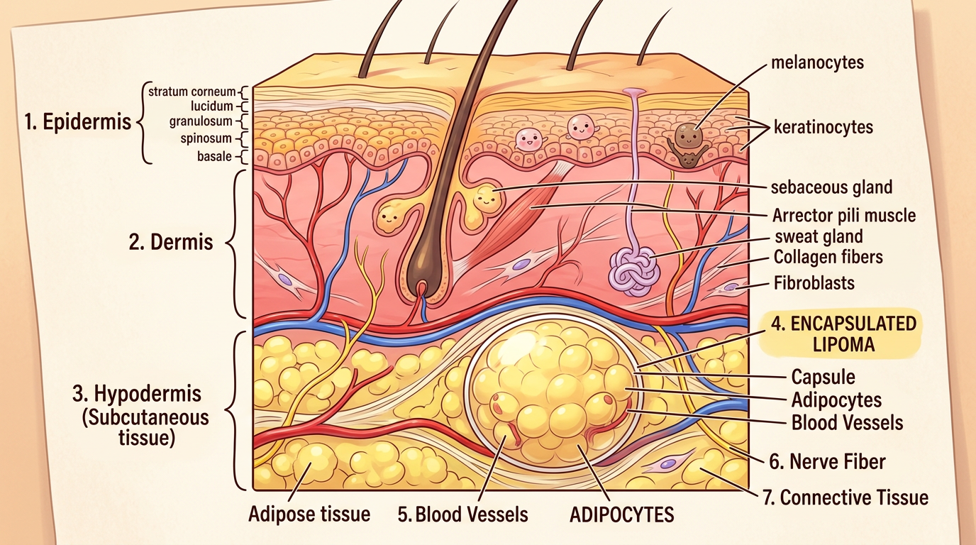 Cross-section diagram of skin layers including epidermis, dermis, and hypodermis with an encapsulated lipoma