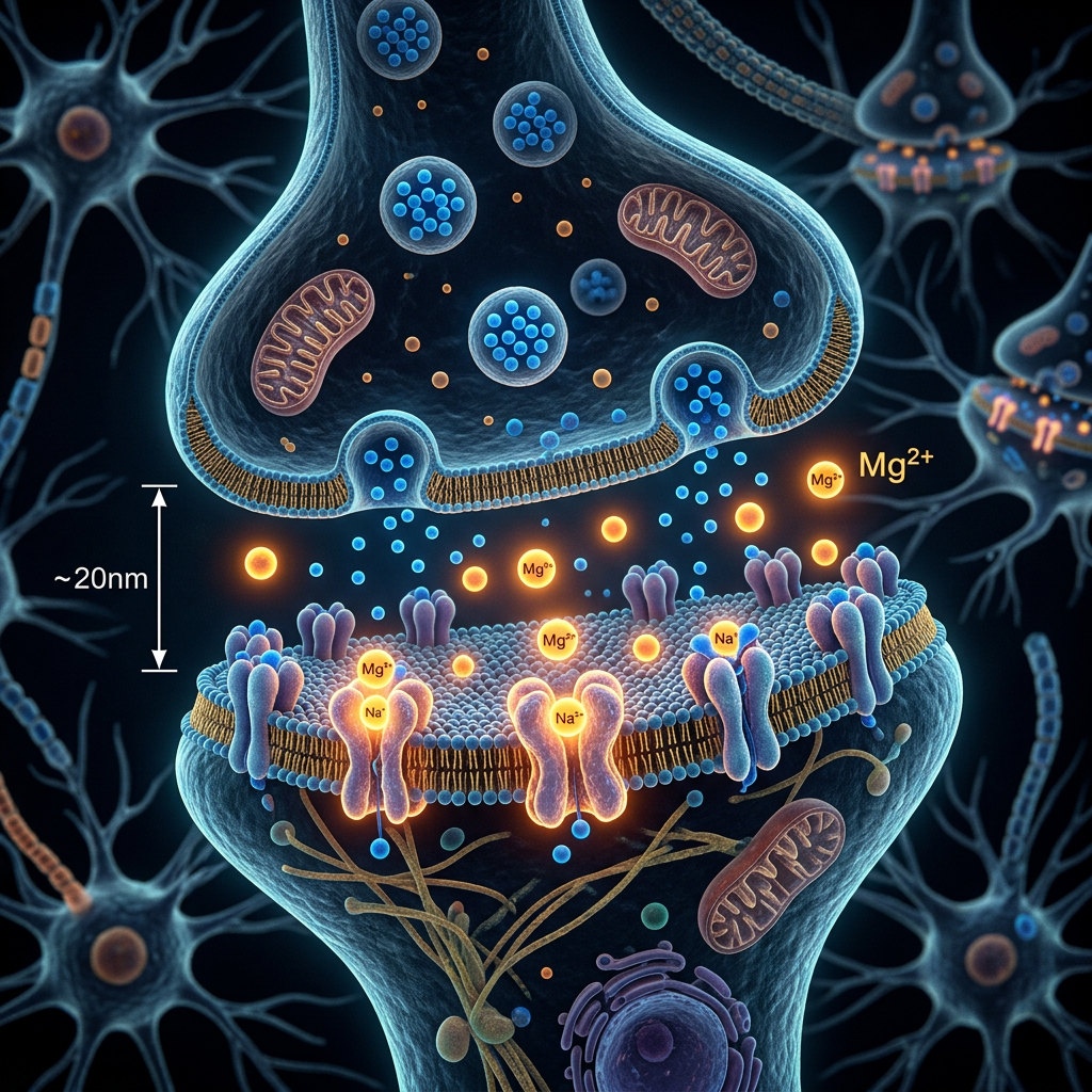 Synaptic cleft illustrating ion exchange between neurons with Mg2+ and Na+ ions and membrane proteins