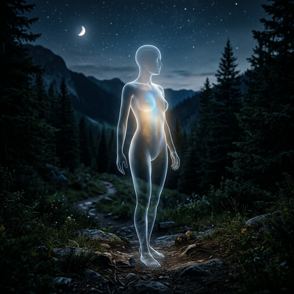 Translucent humanoid figure glowing softly in nighttime forest setting