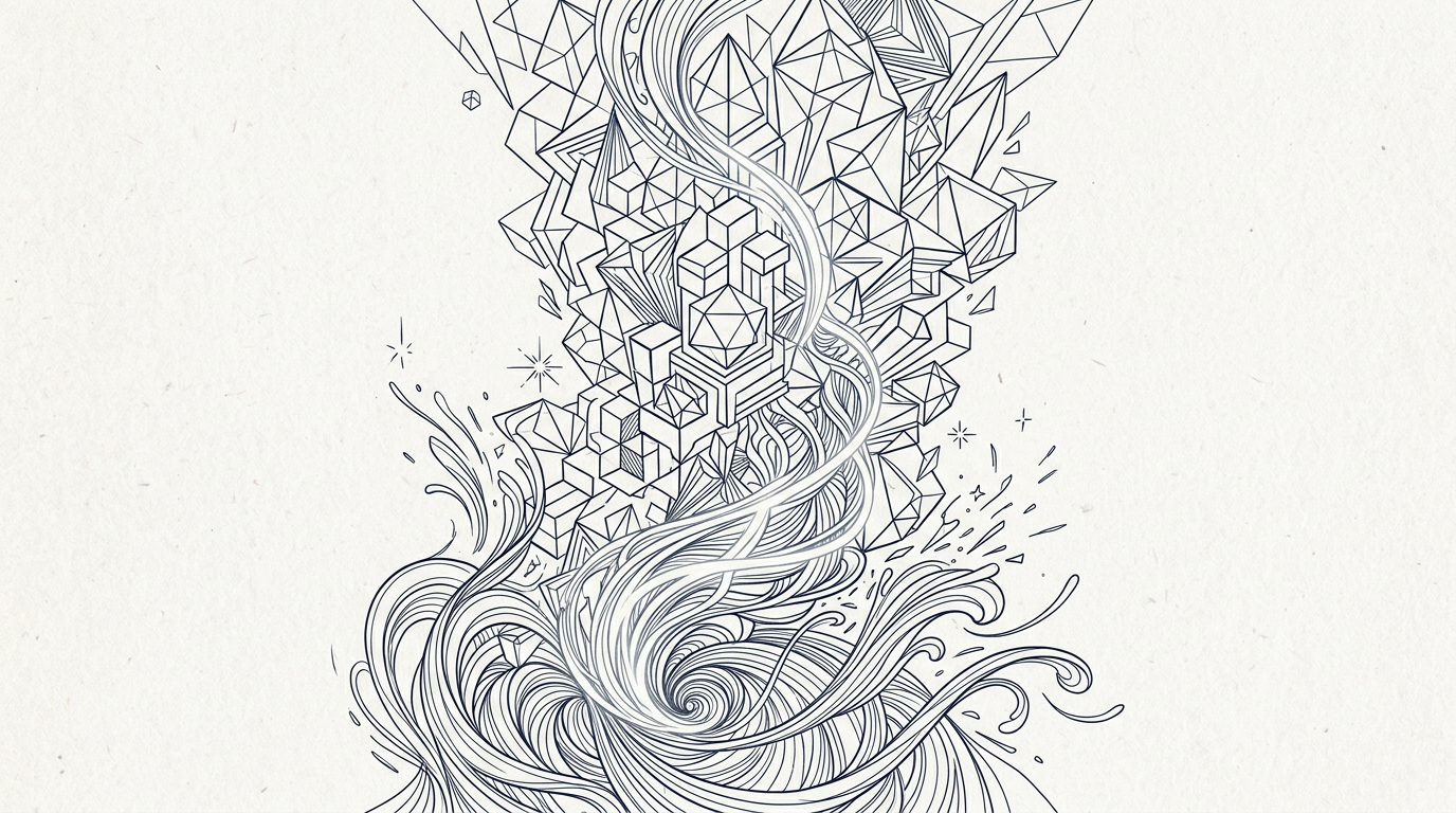Intricate black line art combining geometric shapes and swirling organic patterns on white background