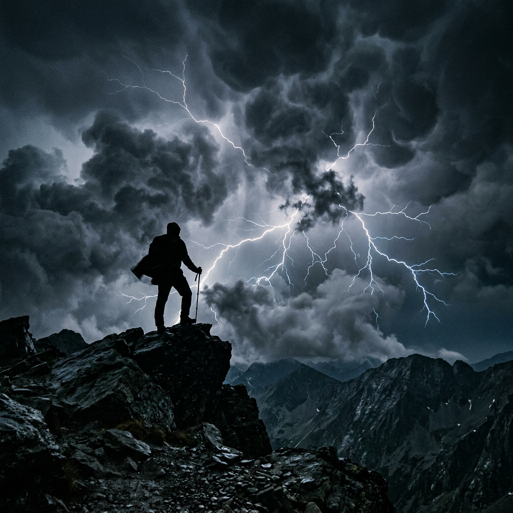 Silhouette of a hiker with a walking stick on a rocky mountain amid dark storm clouds and lightning bolts