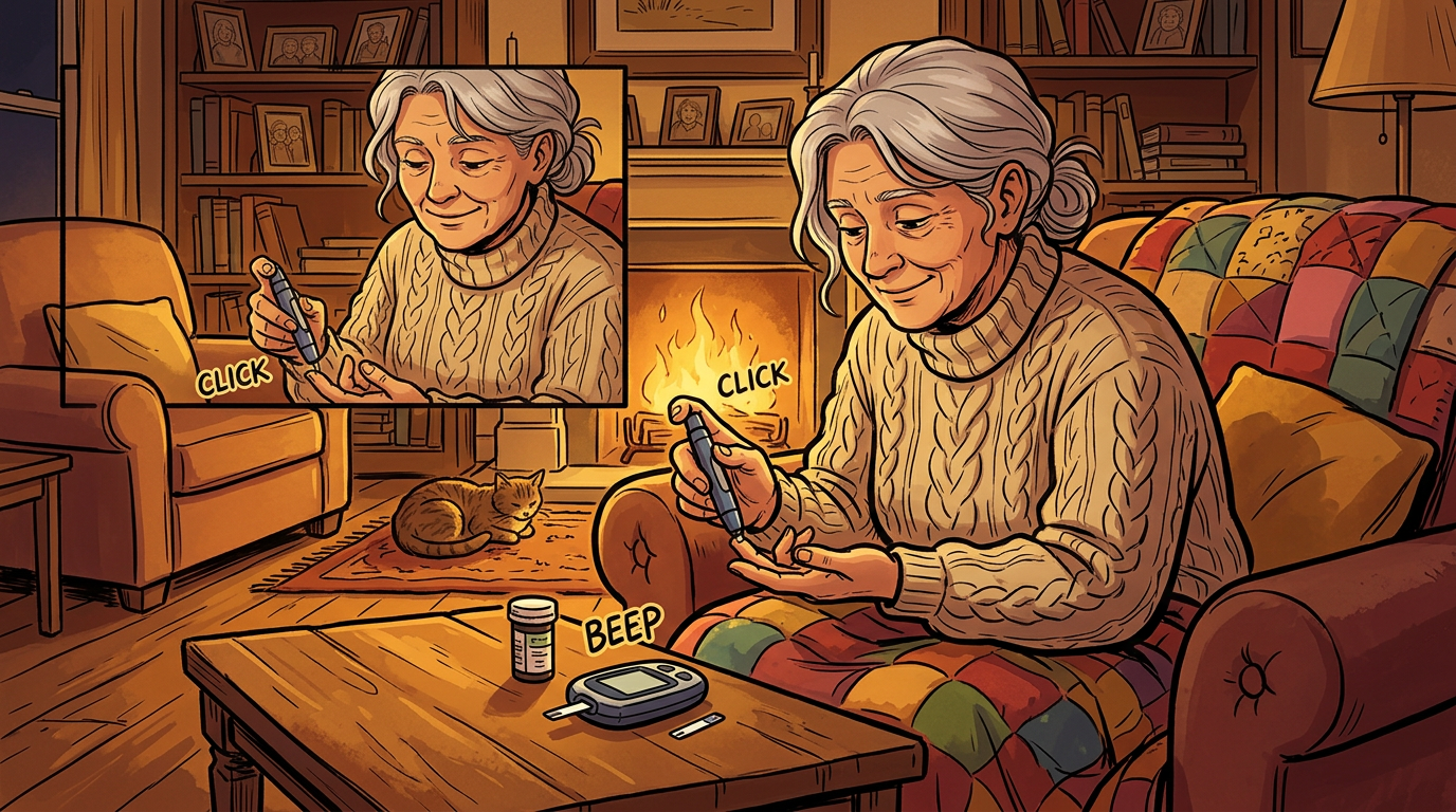 Elderly woman pricking finger for blood glucose test at home