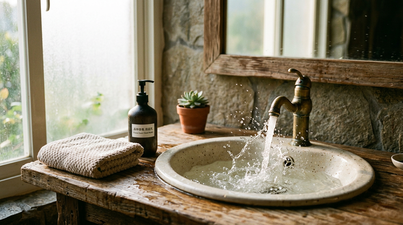 Running water from brass faucet into ceramic sink with towel, soap, and plant