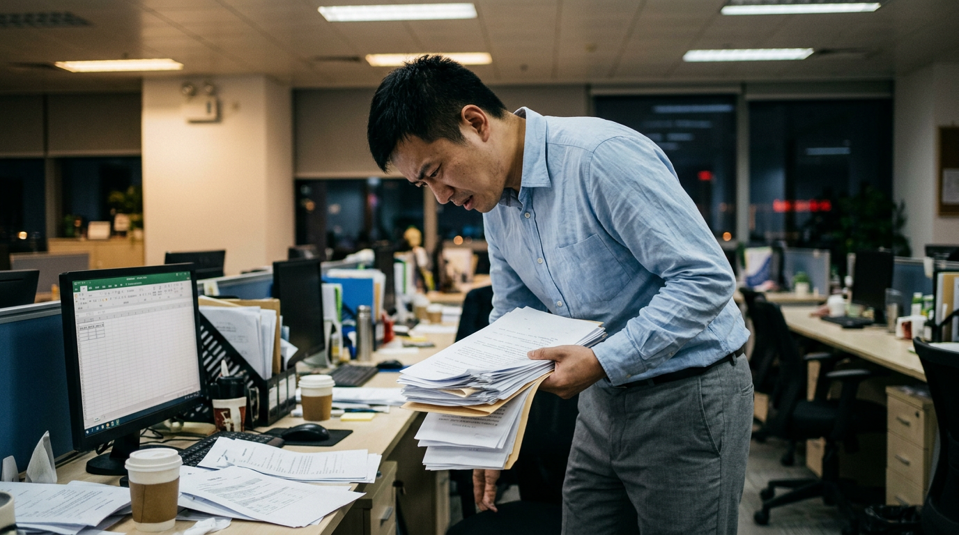 Man holding a large stack of paperwork looking stressed in an office environment