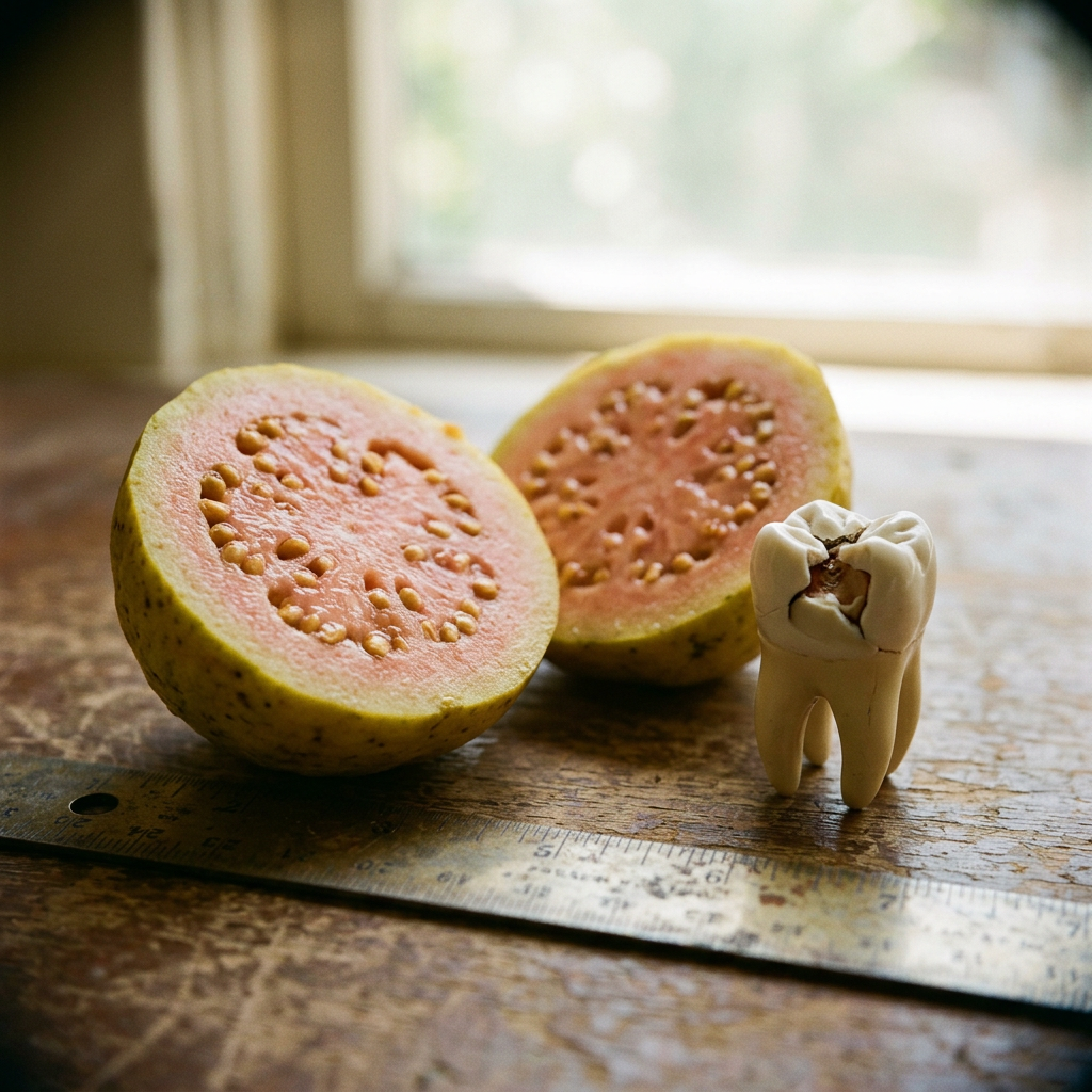 Halved guava fruit with pink flesh and seeds beside a molar tooth model on a wooden table