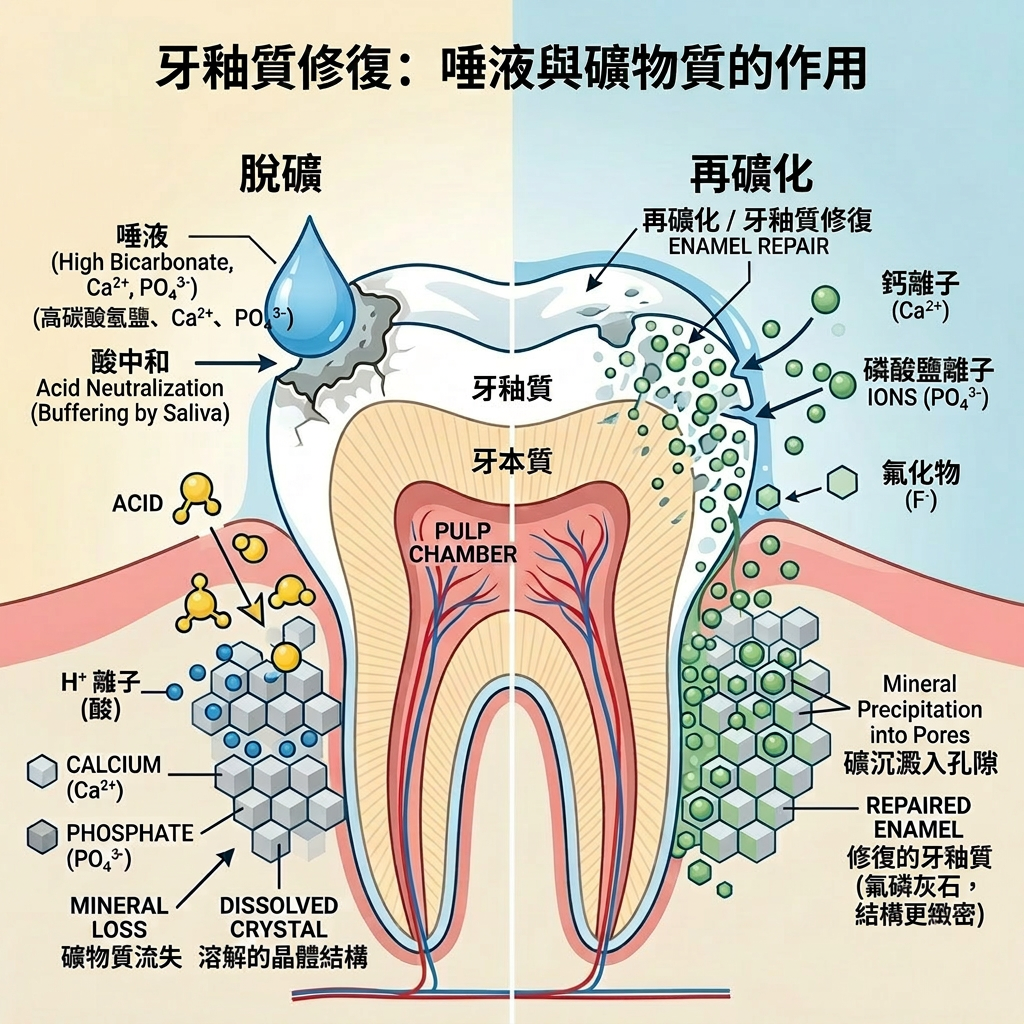 Diagram showing tooth enamel demineralization by acid and remineralization by saliva with calcium, phosphate, and fluoride ions