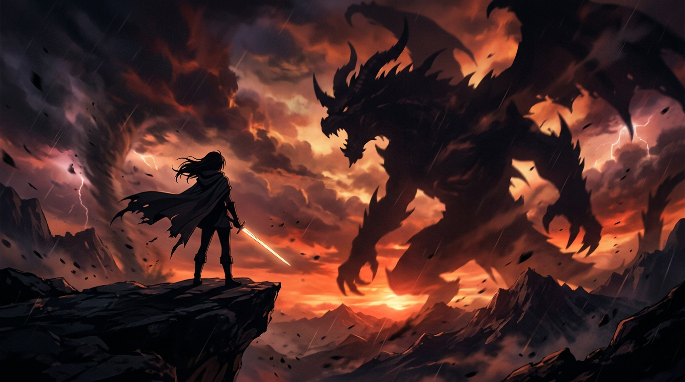 Silhouetted warrior with glowing sword confronting a massive dragon in a stormy mountainous landscape