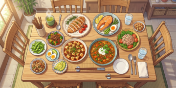 Japanese-style meal spread including grilled chicken, salmon, tofu dish, curry, boiled eggs, salad, edamame, nuts, and drinks on a wooden table