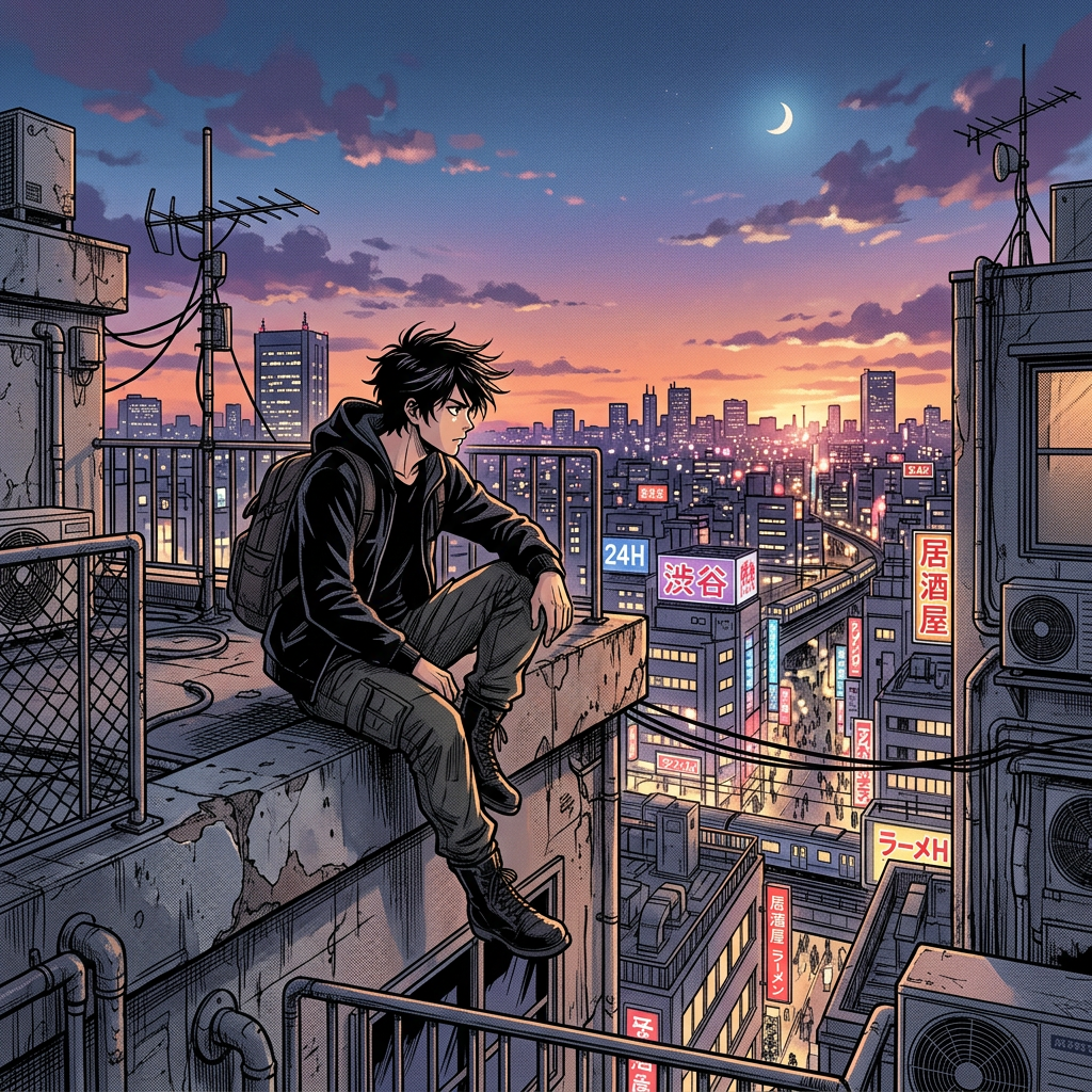 Young person sitting on rooftop edge looking at city skyline during sunset.