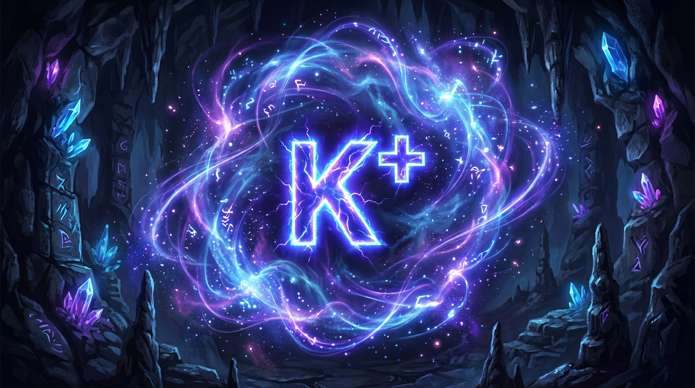 Glowing blue and purple K plus symbol with swirling magical energy inside a dark cave with glowing crystals