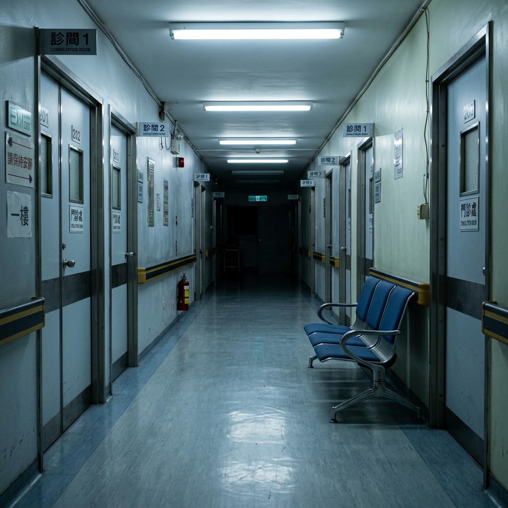 Hospital corridor with numbered consultation room doors and empty seating area