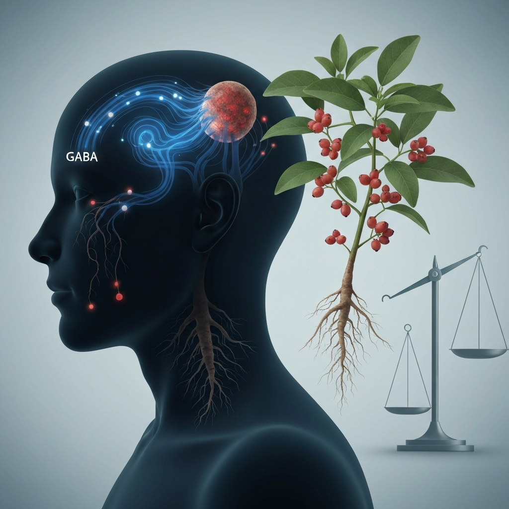 人腦中的GABA神經通路與漿果植物及平衡秤，象徵天然成分對腦部平衡的影響。