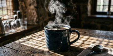 聆聽身體:改善頻尿的心法 18 Blue ceramic coffee mug with steam rising on wooden table
