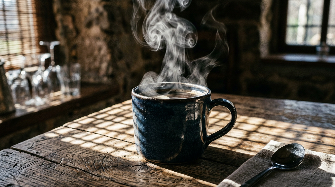 Blue ceramic coffee mug with steam rising on wooden table