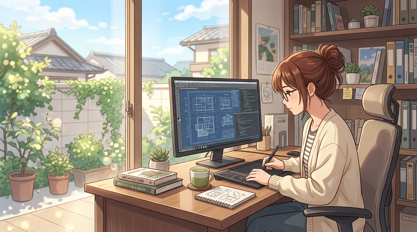 Woman using a digital pen tablet to design architectural blueprints on a computer in a bright home office