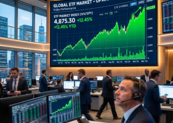 Traders observing upward trend of global ETF market index data on screens