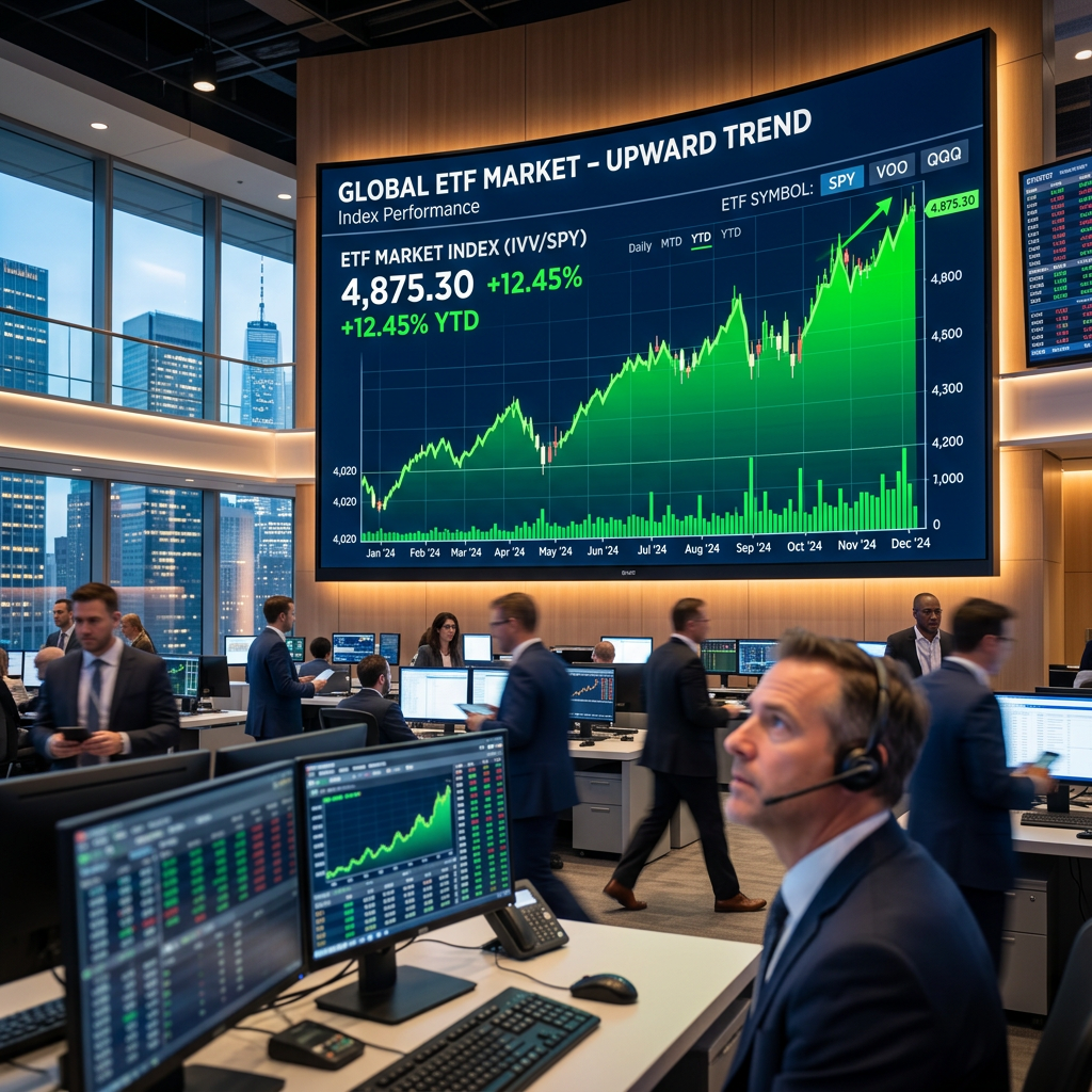 Traders observing upward trend of global ETF market index data on screens