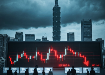 A large screen displays a stock market chart showing a sharp decline, with a stormy city skyline and people in business attire below