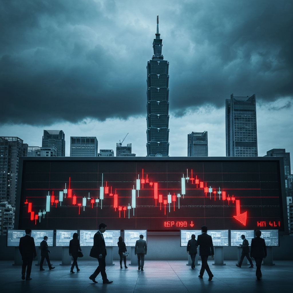 A large screen displays a stock market chart showing a sharp decline, with a stormy city skyline and people in business attire below
