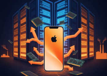An iPhone at the center of a data ecosystem with server racks, memory chips, and orange arrows indicating data flow