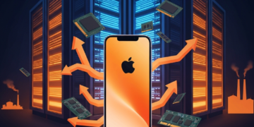 電腦業者驚爆:下周顯示卡和記憶體的報價表暴漲20% 18 An iPhone at the center of a data ecosystem with server racks, memory chips, and orange arrows indicating data flow