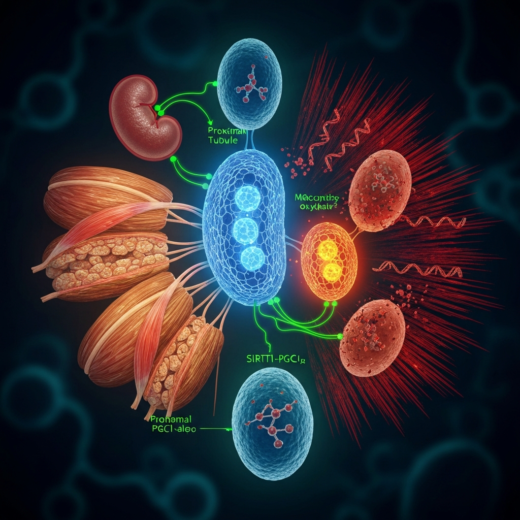 Diagram illustrating interactions between a kidney, muscle tissue, and various cellular components and molecules
