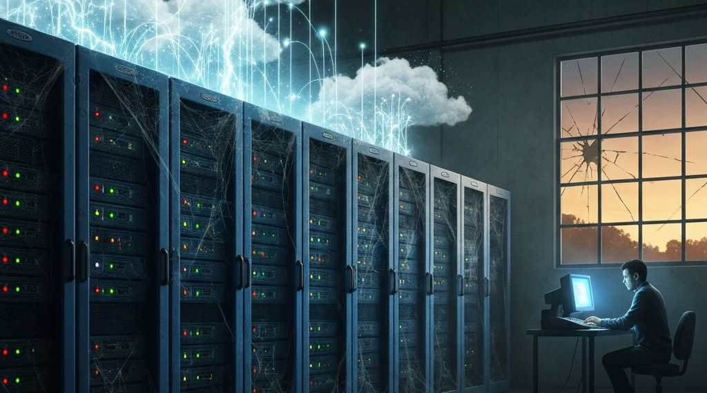 Dusty server racks covered in cobwebs with glowing data streams rising into clouds. A person works at a computer, and a broken window is in the background