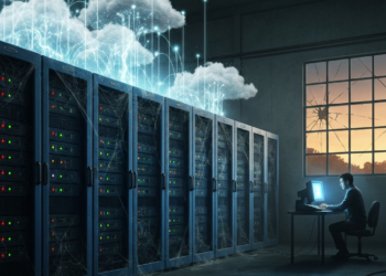 故事焦點:既然大家不敢再買昂貴的硬體,按量付費的「雲端服務(Cloud)」成為最佳解藥。 13 Dusty server racks covered in cobwebs with glowing data streams rising into clouds. A person works at a computer, and a broken window is in the background