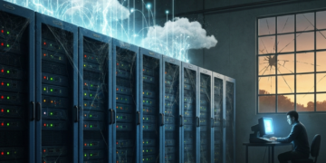 Dusty server racks covered in cobwebs with glowing data streams rising into clouds. A person works at a computer, and a broken window is in the background