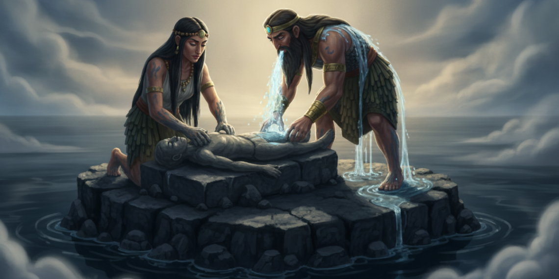 The Clay Humans of Enki,Enki and Ninhursag craft human beings out of clay over the primeval abyssal waters to lighten the labor of the lower gods. 14 The Clay Humans of Enki,Enki and Ninhursag craft human beings out of clay over the primeval abyssal waters to lighten the labor of the lower gods.