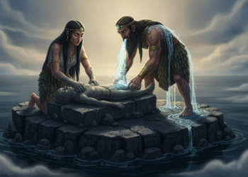 The Clay Humans of Enki,Enki and Ninhursag craft human beings out of clay over the primeval abyssal waters to lighten the labor of the lower gods. 13 The Clay Humans of Enki,Enki and Ninhursag craft human beings out of clay over the primeval abyssal waters to lighten the labor of the lower gods.