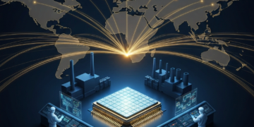 Global semiconductor supply chain, showing factories, a central microchip, and workers, with glowing lines connecting regions on a world map