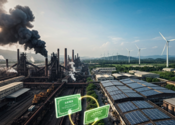 Industrial plant and renewable energy sources, with glowing certificates for Carbon Emission Rights and Carbon Neutrality
