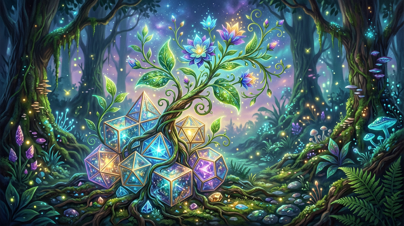 Radiant glowing crystals clustered with a flowering plant in a magical forest
