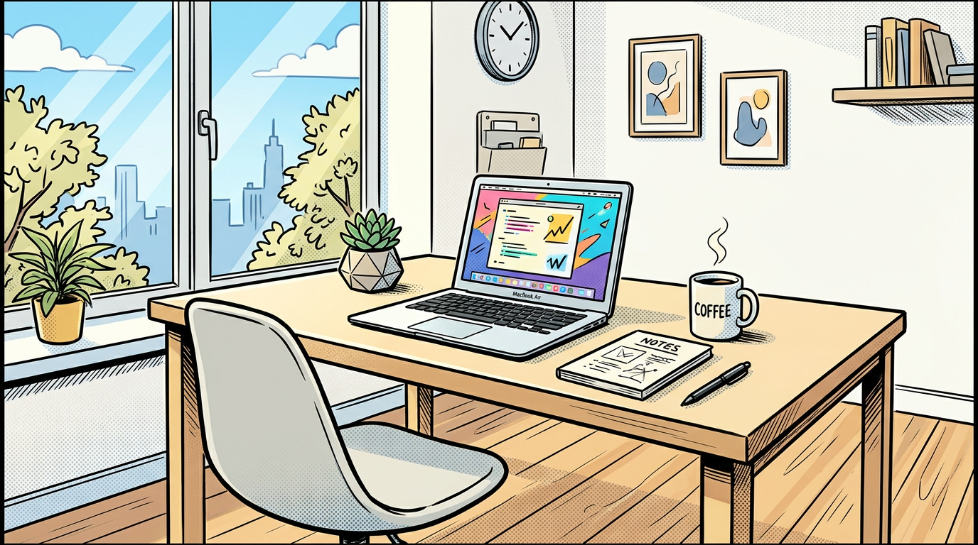 A home office desk with laptop showing charts, notebook labeled notes, steaming coffee cup, and potted plants by a large window