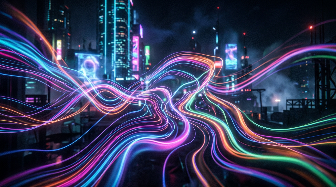 Neon-colored light trails flowing through a dark futuristic cityscape with tall illuminated buildings