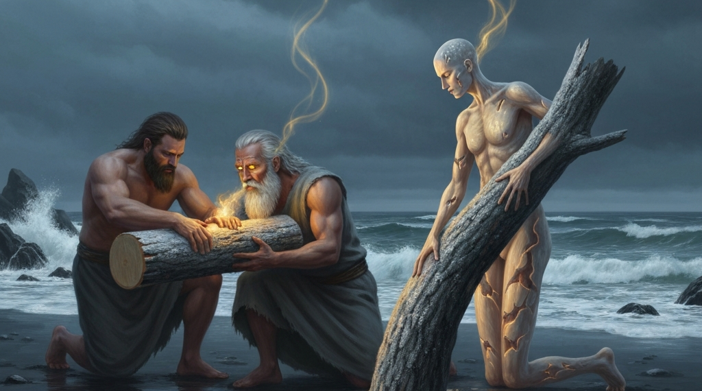 Ask and Embla from the Driftwood,Odin and his brothers find two logs of driftwood on the seashore and bestow upon them breath, mind, and form to create the first humans. 14 On a dark beach, two men kneel, holding a log that glows with golden light. A pale, cracked figure kneels in the water, holding a larger log, also emitting golden energy