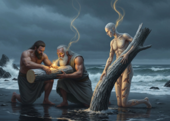 On a dark beach, two men kneel, holding a log that glows with golden light. A pale, cracked figure kneels in the water, holding a larger log, also emitting golden energy