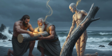 Ask and Embla from the Driftwood,Odin and his brothers find two logs of driftwood on the seashore and bestow upon them breath, mind, and form to create the first humans. 1 On a dark beach, two men kneel, holding a log that glows with golden light. A pale, cracked figure kneels in the water, holding a larger log, also emitting golden energy