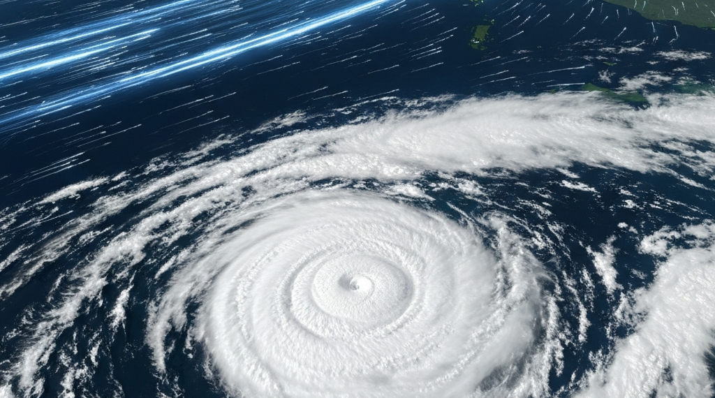白海豚颱風真的會轉彎? 14 Satellite view of a large hurricane with glowing blue lines connecting landmasses across the globe
