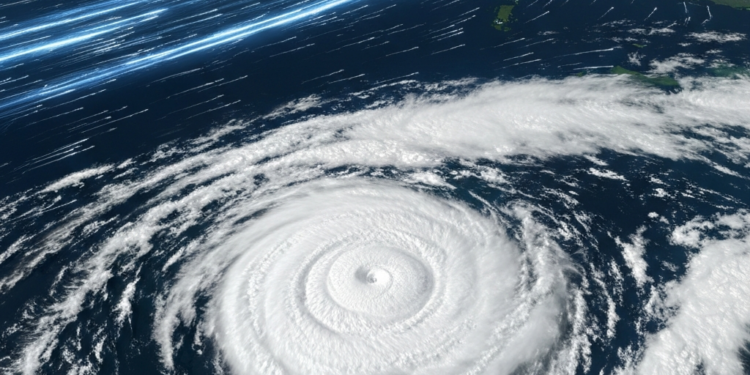 白海豚颱風真的會轉彎? 14 Satellite view of a large hurricane with glowing blue lines connecting landmasses across the globe