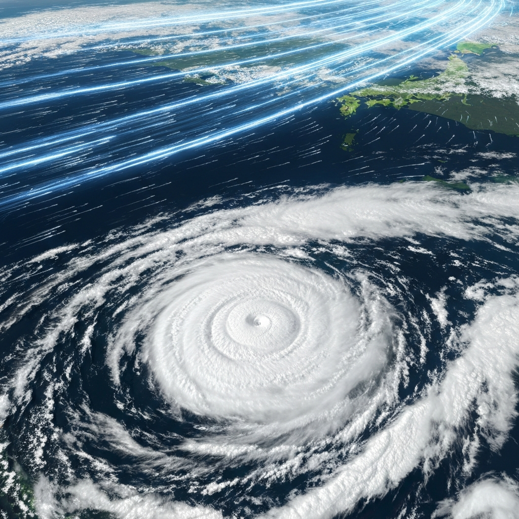 Satellite view of a large hurricane with glowing blue lines connecting landmasses across the globe