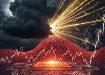 Storm clouds and an explosion of light over a red data mound with stock charts and circuit patterns, representing a market crisis