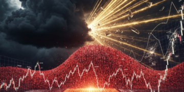 「災難崩跌!?」外資提款台股,原因是這個? 22 Storm clouds and an explosion of light over a red data mound with stock charts and circuit patterns, representing a market crisis