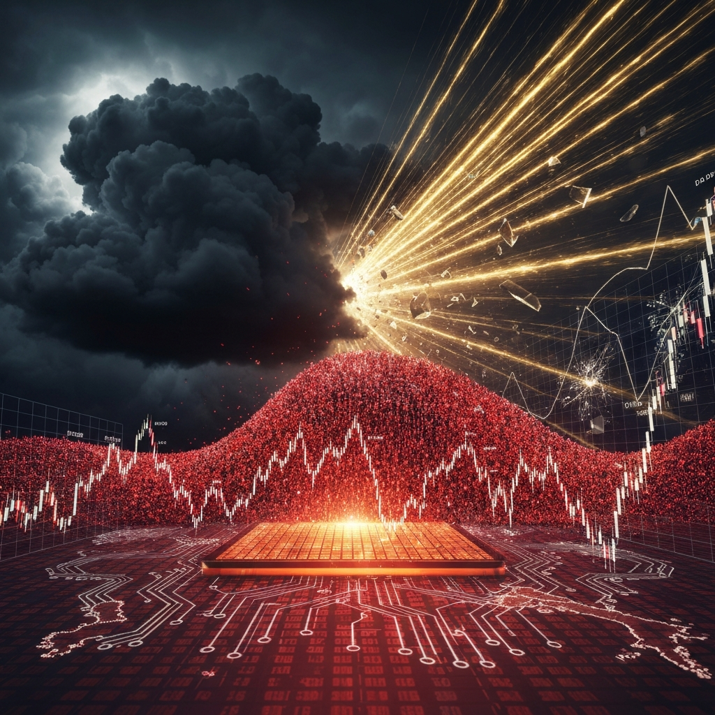Storm clouds and an explosion of light over a red data mound with stock charts and circuit patterns, representing a market crisis