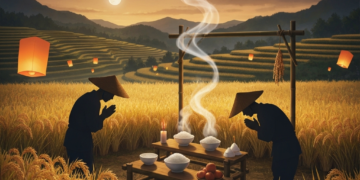 【歷史溯源】農曆七月的鬼門開,竟是一場關於「稻米與豐收」的古老慶典? 20 Two people in conical hats bow before an altar with rice bowls and candles in a golden rice field at twilight, with terraced fields and lanterns in the background