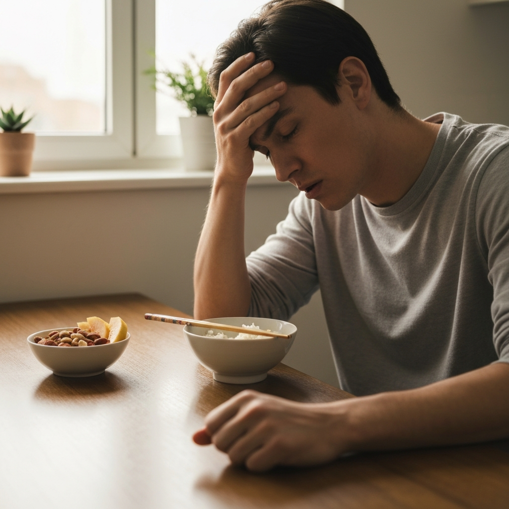 一名男子坐在餐桌前，手扶額頭，似乎不適或沒有食慾。