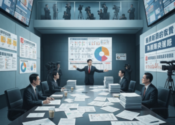 毒油事件:台中市如何操作危機公關轉移食安責任 13 A presenter gestures at a large screen displaying charts during a meeting with men in suits, while media cameras film from above
