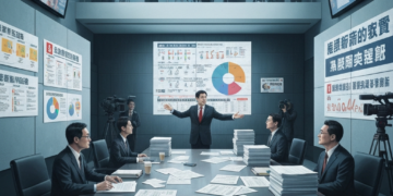 A presenter gestures at a large screen displaying charts during a meeting with men in suits, while media cameras film from above