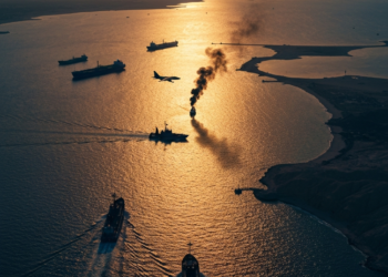 連川普都有稱讚的頑強伊朗人?戰爭消停機會渺茫。 13 Busy waterway at sunset with multiple ships, a jet plane, and one vessel emitting a large plume of black smoke